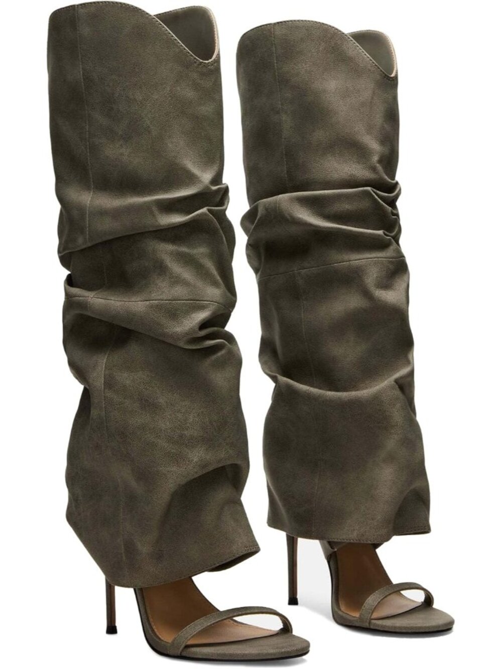 Women's Green Slouchy Knee High Boots Open Toe High Heel Sandals Boots Pull On